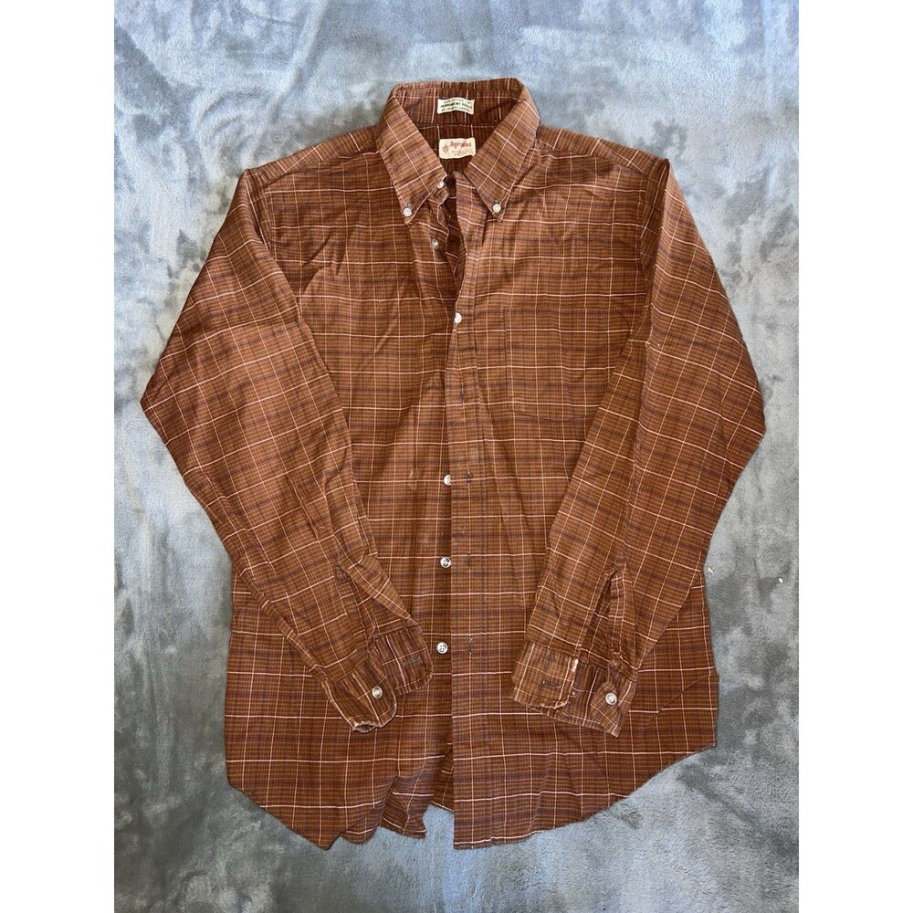 Vintage 60s 70s Toepfer & Bellack Perma Press Cotton Shirt Size M Rust Plaid EUC